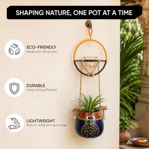 Image of AAKRITI ART CREATIONS Terracotta Hanging Planter with Metal Bird Feeder | Blue & Brown Earthen Design, Modern Art, Matte Finish | Decorative Hanging Pot for Indoor & Outdoor Home Decor