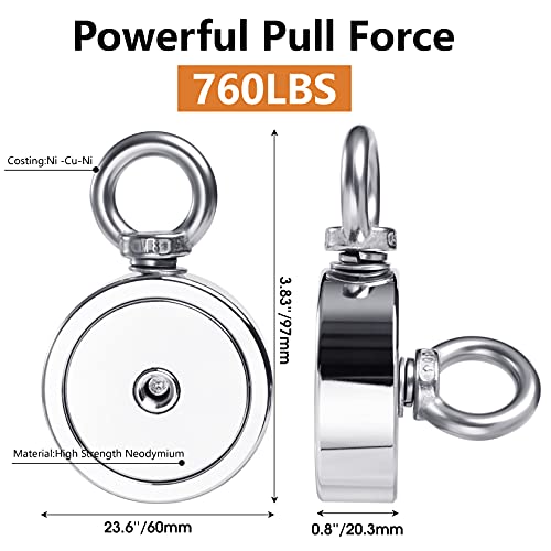 Magnet Fishing Kit, Fishing Magnets 760 Lbs Pulling-Includes Grappling Hook, Heavy Duty 65Ft Rope, Gloves & Locking Carabiner,Threadlocker - 2.36Inch Diameter #TOP2