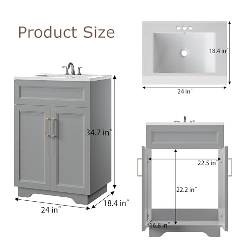 XM-ICE Bathroom Vanity with Ceramic Sink, Quickly Assemble 24\" Free Standing Bathroom Sink Cabinet with Wooden Frame, Grey - Thumbnail 2