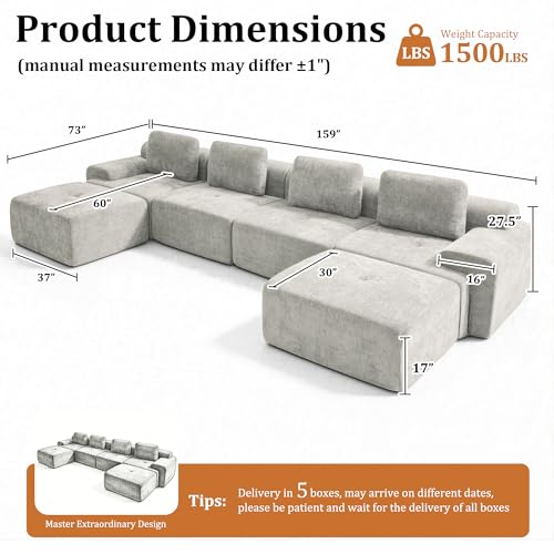 Image of 159 inch U-Shaped Modular Sectional Sofa, Oversized Boneless Cloud Couch for Living Room with Extra Deep Seat & High Back, Tool-Free No Assembly, Soft Chenille (Light Grey, 159 inch-U Shaped(4+2))