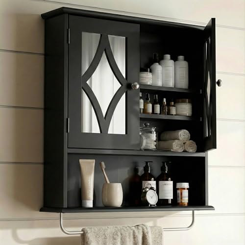 Image of RoyalCraft Bathroom Medicine Cabinet Wall Mounted, Over the Toilet Storage Cabinet with Towel Rack and Adjustable Shelf, Large Bathroom Towel Cabinet Wall Mount 22x25 inch (Black)