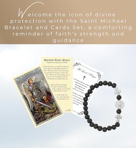 Saint Michael Bracelet - Laminated St Michael the Archangel Prayer Card, The Lord's Prayer Card - Stretchable Black San Miguel Arcangel Bracelet - Catholic Set - 3 Items2