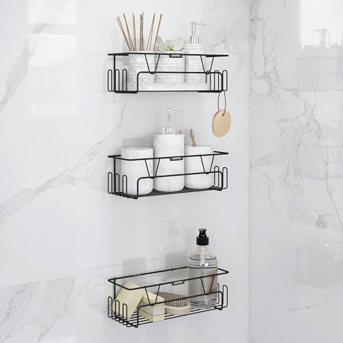 Image of Plantex Bathroom Organiser Without Drill /Self Adhesive Bathroom Shelf for Wall /GI Steel Rack with Side Hooks & Magic Sticker /Bathroom Accessories Set (Black, Powder Coated) - Pack of 3