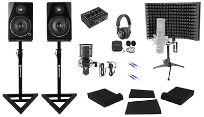 Rockville ROCK-U MINI Bundle: USB Recording Audio Interface, RCM PRO Condenser Microphone, APM5B v2 Pair 5.25 in Active Studio Monitor Speakers, RVSM1 Adjustable Stands, Headphones, Cables, 9-items