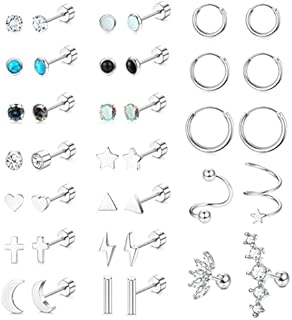 JeweBella 19Pairs Small Stud Earrings Set for Women Men Surgical Steel Flat Back Earrings Cartilage Hypoallergenic Piercing Earrings Star Moon Turquoise Zirconia Tiny Stud Hoop Helix Earrings Set