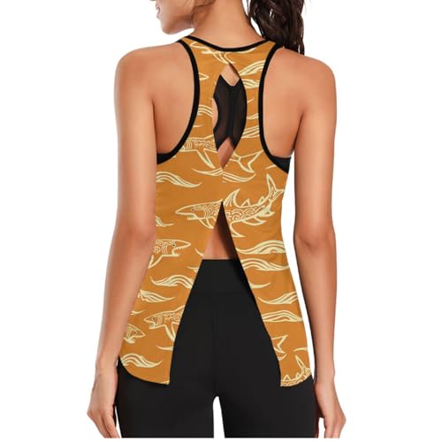 voucong Camiseta sin mangas de malla para mujer, holgada, ajustada, manga corta, para correr, yoga, patrón chino, Patrón chino naranja tiburón, L
