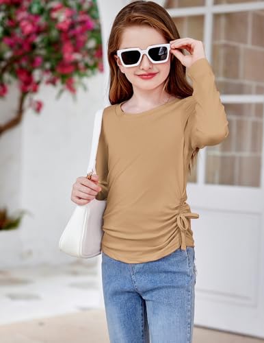 Image of Arshiner Girls Long Sleeve Shirts Ruched Knot Side Tunic Blouse Tee Tops
