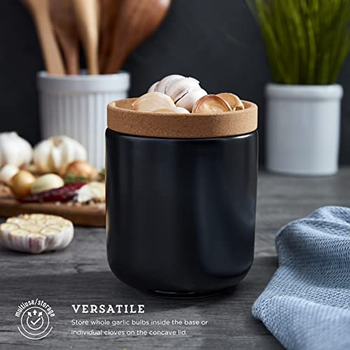 Ceramic And Cork Breathable Garlic Keeper To Allow Air Flow For Freshness, Stackable Space Saving Cork Lid, Natural Cork And Black Ceramic #TOP4