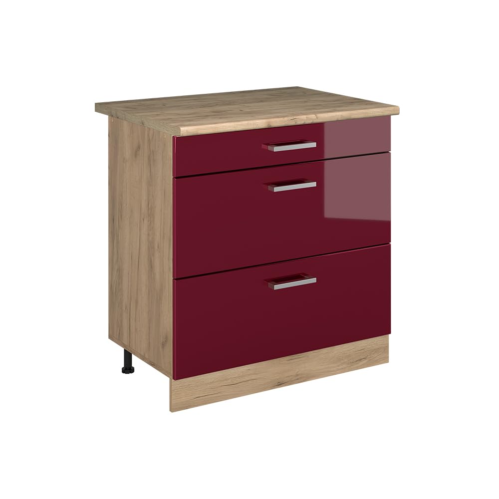 Vicco Küchenunterschrank R-Line, Rot Hochglanz/Goldkraft Eiche 80 cm | 3 Schubladen · Arbeitsplatte Eiche · Höhenverst. Füße · ✓ Leichter Zugriff · ✓ Frei kombinierbar