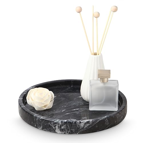 Round Natural Marble Tray for Bathroom, 10" Decorative Black Marble