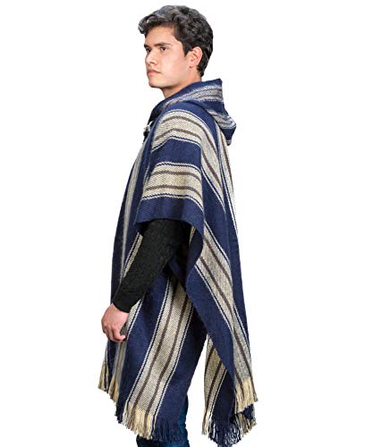 Image of Men's Cape Poncho in Navy Blue and Beige Wool - Alpaca Hooded Peruvian Poncho - Fashion Cloak Cape - Artisan Crafted