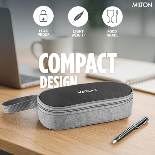 Image of MILTON Plato Pack Small Stainless Steel Lunch Box (2 X 340 ml containers) with Jacket | Leak Proof, Food Grade I Lightweight, Odour Proof | 1 Year Warranty I Ideal for Office, School, Travel, Black