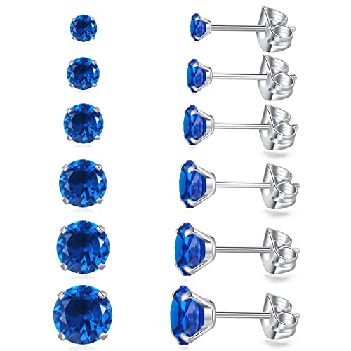 6 Pairs Stud Earrings Set Hypoallergenic Cubic Zirconia Earrings 316L Stainless Steel CZ Earrings 3-8mm (Royal blue CZ)