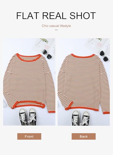 Image of Dokotoo Women's Long Sleeve Sweaters Casual Crewneck Fashion Fall Striped Color Block Shirts High Low Pullover Sweater Tops