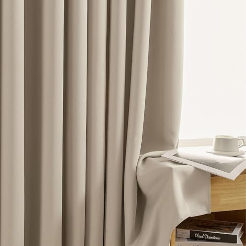 Image of LINENWALAS 100% Solid True Solid Blackout Curtains (5 Feet) - Set of 2 Panels | Complete Light Block | Thermal Insulated & Noise Reducing Room Darkening Curtains for Living Room & Home Decor (Beige)