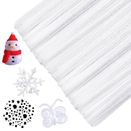 URSDIART (350pcs/Set White Pipe Cleaners and Wiggle Eyes 12 Inch Solid Color PipeCleaners for Crafts Chenille Stems Pipe Cleaners Bulk DIY Creative Christmas Decoration Art Supplies