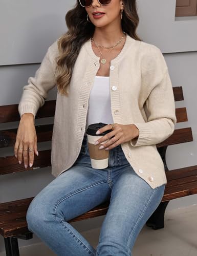 Women's Round Neck Button Down Long Sleeve Blouse Cardigan Loose Fit Knit Top Crewneck Sweater(Cream-L)2