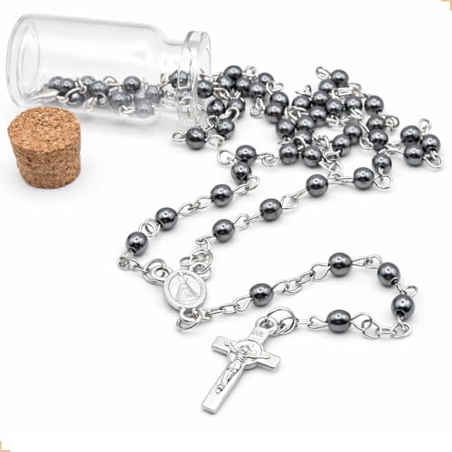 Terço Nossa Senhora Aparecida Hematita Prateado 41cm em Aço Inox – Rosario com Medalha e Crucifixo Dupla Face – Corrente em Inox com Garrafinha para Guardar