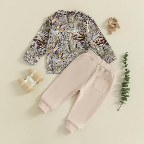 VISGOGO Toddler Baby Boy Hunting Outfit Duck Half Zip Long Sleeve Sweatshirt Pants Set 2 Fall Camouflage Clothes (Camo&Khaki, 2-3T)