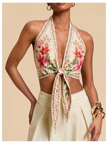 SOLY HUX Women's Floral Print Tie Front Deep V Neck Halter Crop Tops Retro Vacation Summer Vest4