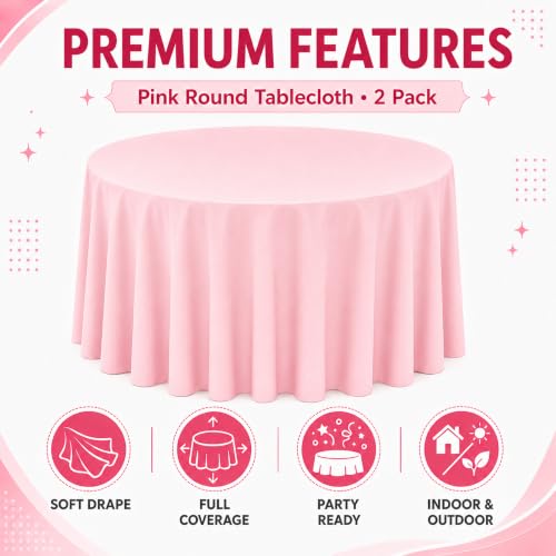 Image of WNINK 2 Pack Light Pink Round Tablecloth, 84 Inch Disposable Plastic Table Covers, Light Pink Round Table Cover for Birthday Parties, Holiday, Picnic, BBQ, Family Gathering Party Supplies