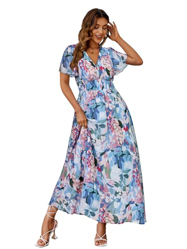 Image of Simplee Women's Boho Floral Maxi Dress Flowy Casual V Neck Short Sleeve Wedding Guest Holiday Beach Long Dress