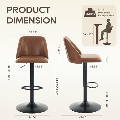 COLAMY Bar Stools Set of 2, Modern Swivel Bar Chairs, Adjustable PU Leather Upholstered Barstools Counter Height with Full Backrest for Bar, Dining Room, Kitchen Island, Brown