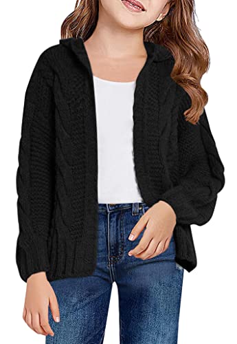 Piepiebuy Girls Boys Hooded Open Front Sweater Long Sleeve Cable Knit Cardigan Fall Winter Hoodies Coat Black #TOP12