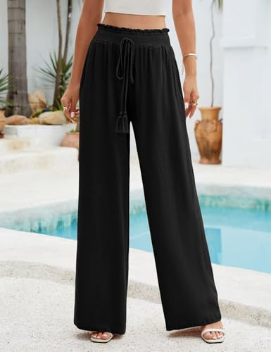 PASUDA Damen Leinenhose Sommer Hohe Taille Weite Bein Freizeithose Leicht Bequeme Casual Sommerhose Elastischem Bund Locker Stoffhose Hose (Schwarz, XL)