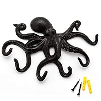 ChasBete Octopus Coat Hooks for Wall, Rustic Cast Iron Key Holder, 22.5cm Heavy Duty Door Hook with 6 Tentacles - Black