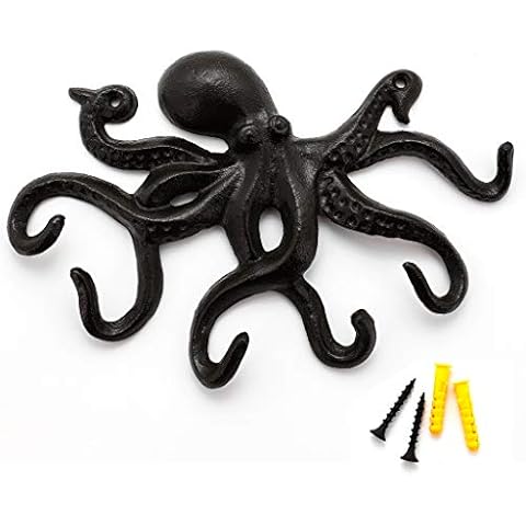 ChasBete Octopus Coat Hooks for Wall, Rustic Cast Iron Key Holder, 22.5cm Heavy Duty Door Hook with 6 Tentacles - Black Cover