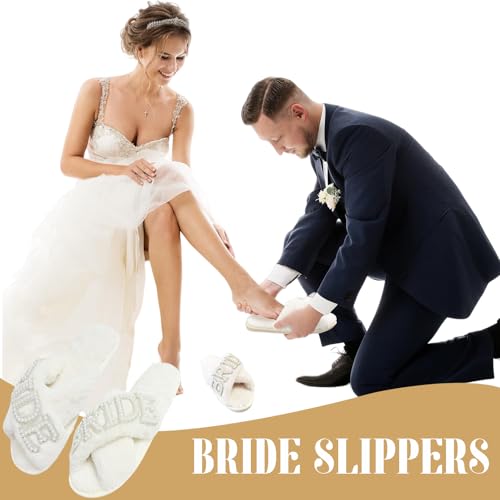 Bridal Shower Gifts, Bride to Be Letter Makeup Bag with Pearl Rhinestone Fuzzy Bride Slippers, Hair Clip Wedding Engagement Gifts for Her, Bachelorette gifts4