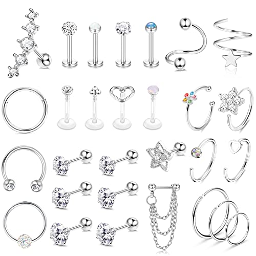 Piercing Oreille Acier Chirurgical par lot de 25 bijoux Tragus et Helix pour femmes
