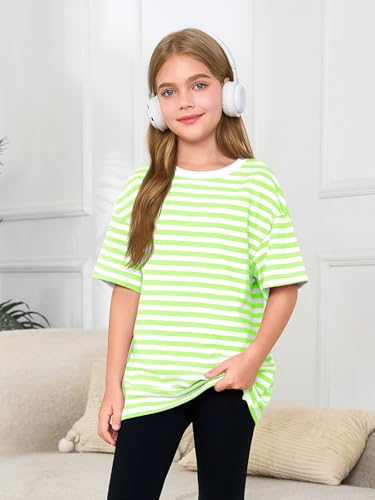 Image of Haloumoning Girls Striped Short Sleeve T Shirts Kids Summer Oversized Tops Casual Crewneck Tees 5-14 Years