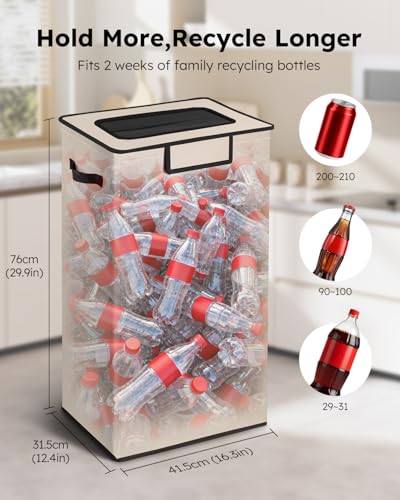 Image of SOLEDI Recycling Bin for Kitchen,26 Gallon Large Recycle Bin with Lid and 2 Removeable Reusable Inner Bags,Indoor Recycling Trash Can for Collector of Bottles Cans, and Plastic,Beige