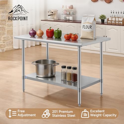 Image of ROCKPOINT All Stainless Steel Table for Perp & Work 30x48 Inch,Commercial Heavy Duty Workbench with Stainless Legs & Adjustable Undershelf, 840 lb Capacity for Restaurant,Home and Outdoor Kitchens