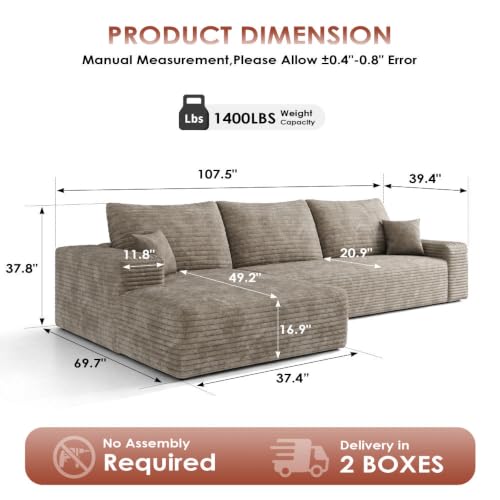 Image of Boneless Couch, Modular Sectional Couches for Living Room, U-Shaped Cloud Couch Sofa with Deep Seat, Fluffy Corduroy Upholstered Corner Sofa