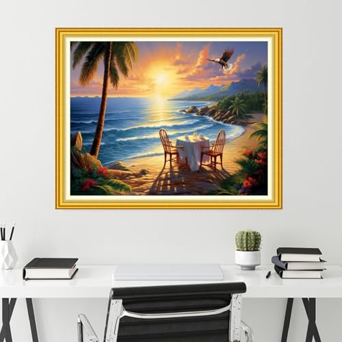 Image of Funchey Stamped Cross Stitch Kits, DIY Cross Stitch Pattern for Adults Beginners Needlepoint Kits Embroidery Kit Arts and Crafts 11CT-Seaside Scenery 16x20 inch