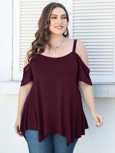 Image of LARACE Cold Shoulder Tops for Womens Summer Clothes Spaghetti Strape Tunic Oversized Shirts Asymmetrical Plus Size Blouse
