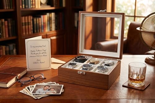 Image of Watch Box, Watch Case for Men Women with Large Glass Lid, Wooden Watch Display Storage Box with 6 - Slots, Rustic Brown 6x2 Mens Watch Box Organizer