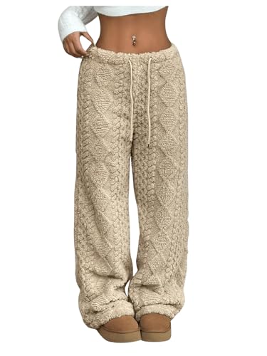 Women's Drawstring Low Waist Fuzzy Pants Straight Leg Casual Lounge Warm Pants