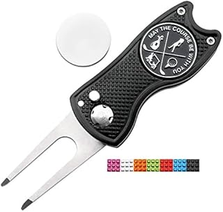 CoverMay Foldable Golf Divot Repair Tool and Golf Ball Markers Set (Black Divot Tool-Black Marker)