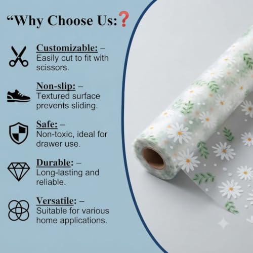 Image of Dribble EVA Shelf Liner Mat 45x500cm Roll, Non Slip Drawer & Cabinet Liner for Kitchen, Waterproof Oilproof Washable Fridge Mat, Anti Skid Cupboard Wardrobe Multipurpose Mat Spring Daisy