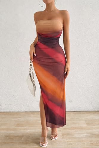 Image of LIGHT DOT Women's Summer Maxi Dress Tie Dye Strapless Tube Bodycon Side Slit Mesh Layered