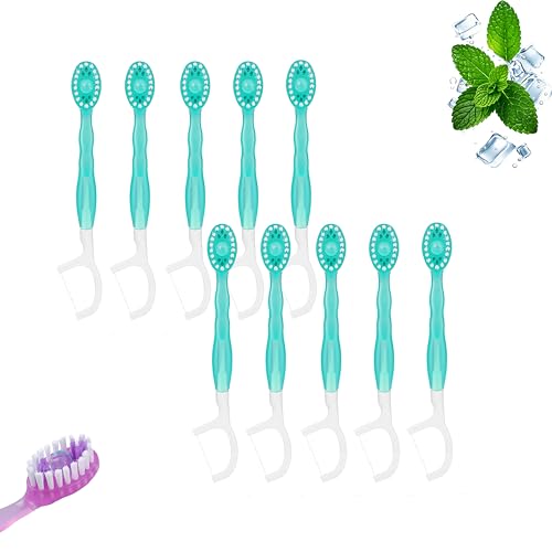 5 in 1 mini Toothbrush and Dental Floss, Travel Portable Individual Packaging, Suitable for Children and Adults (Green Plum Tea,10)