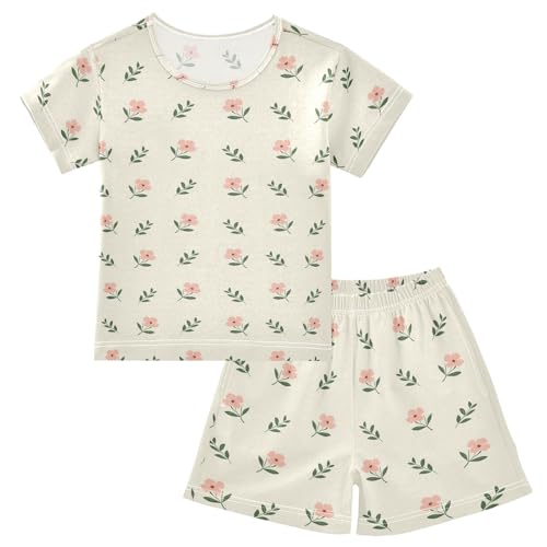 Flowers Leaves Light Yellow Background Pattern Summer Cute Pajama Sets, Short Sets for Daily Wears and Sleep Wears
