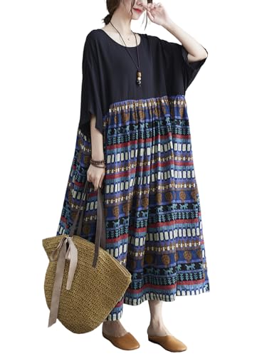 Image of Women's Oversized Dress Plus Size Summer Dress Artsy Print Pathwork | Loose, Oversized Cut Baggy Dresses. O Neck with Pockets. Breathable Viscose Fabric for Summer. Colorful Print Patchwork