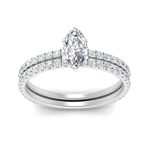 Image of Choose Your Gemstone Three Quarter Diamond CZ Gallery Bridal Ring Set 925 Sterling Silver Marquise Shape Wedding Ring Sets for WomenUS Size 4 to 12