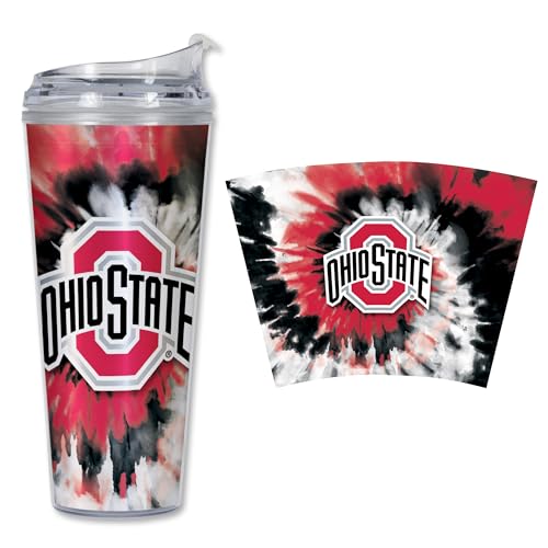 Rico Industries NCAA Ohio State Buckeyes Metallic Tie Dye 24oz Metallic Acrylic Tumbler with Hinged Lid, Officially Licensed Double Wall Tumbler with Straw