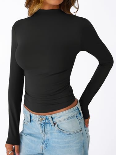 Trendy Queen Womens Long Sleeve Shirts Mock Neck Crop Tops Basic Turtleneck Tee Fall Fashion Thermal Underswear Clothes3
